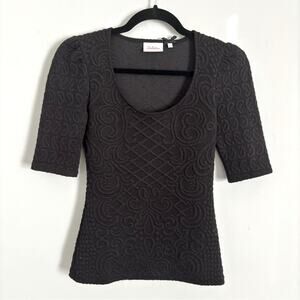 Black Anthropologie Deletta Athlone Quilted Jacquard Puff Sleeve Scoop Top- Xs